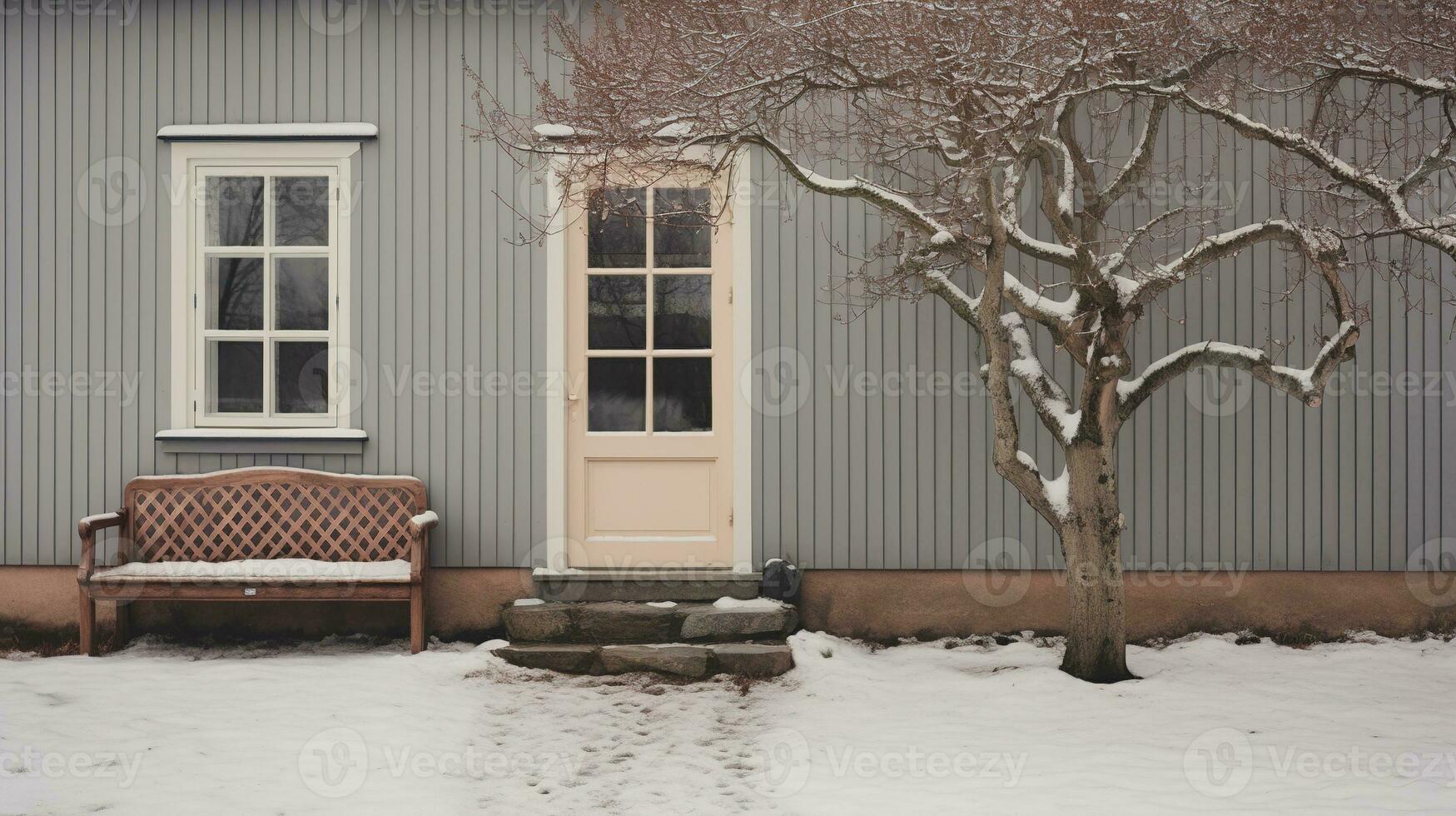 generatief ai, huis voorkant in de winter met Kerstmis decoratie, krans en guirlande. sneeuw knus seizoen foto