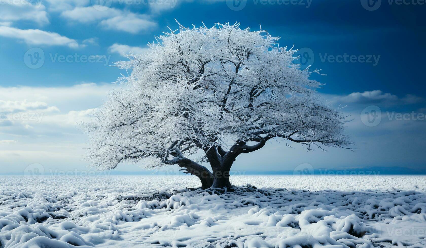minimalistische winter landschap met een boom gedekt met sneeuw. ai gegenereerd foto