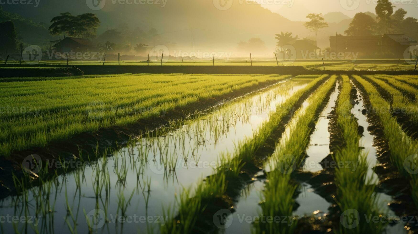 rijst- veld- in de ochtend- ai gegenereerd foto