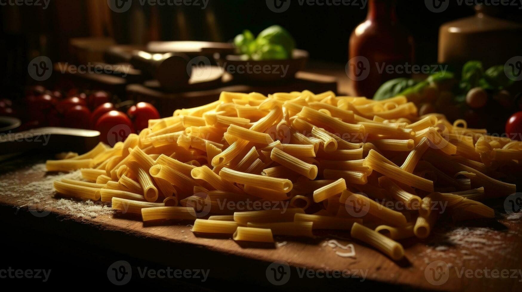 Italiaans pasta Aan houten tafel ai gegenereerd foto