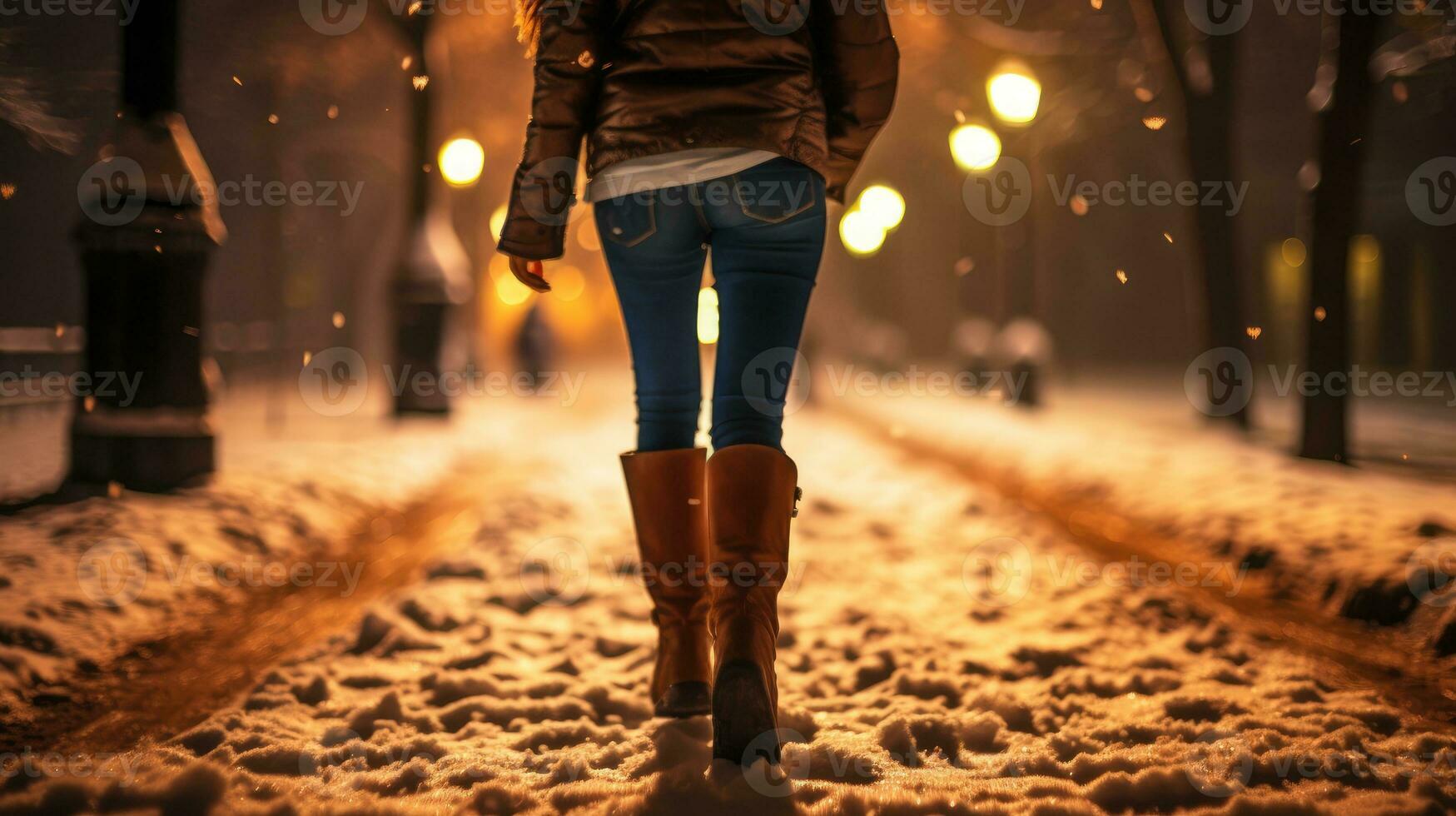 terug visie vrouw wandelen in besneeuwd winter nacht ai gegenereerd foto