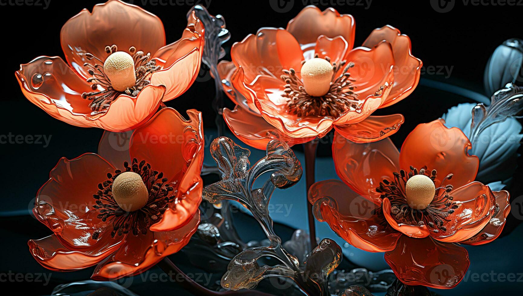 illustratie van gloeiend licht oranje transparant bloemen met blauw licht. ai gegenereerd foto