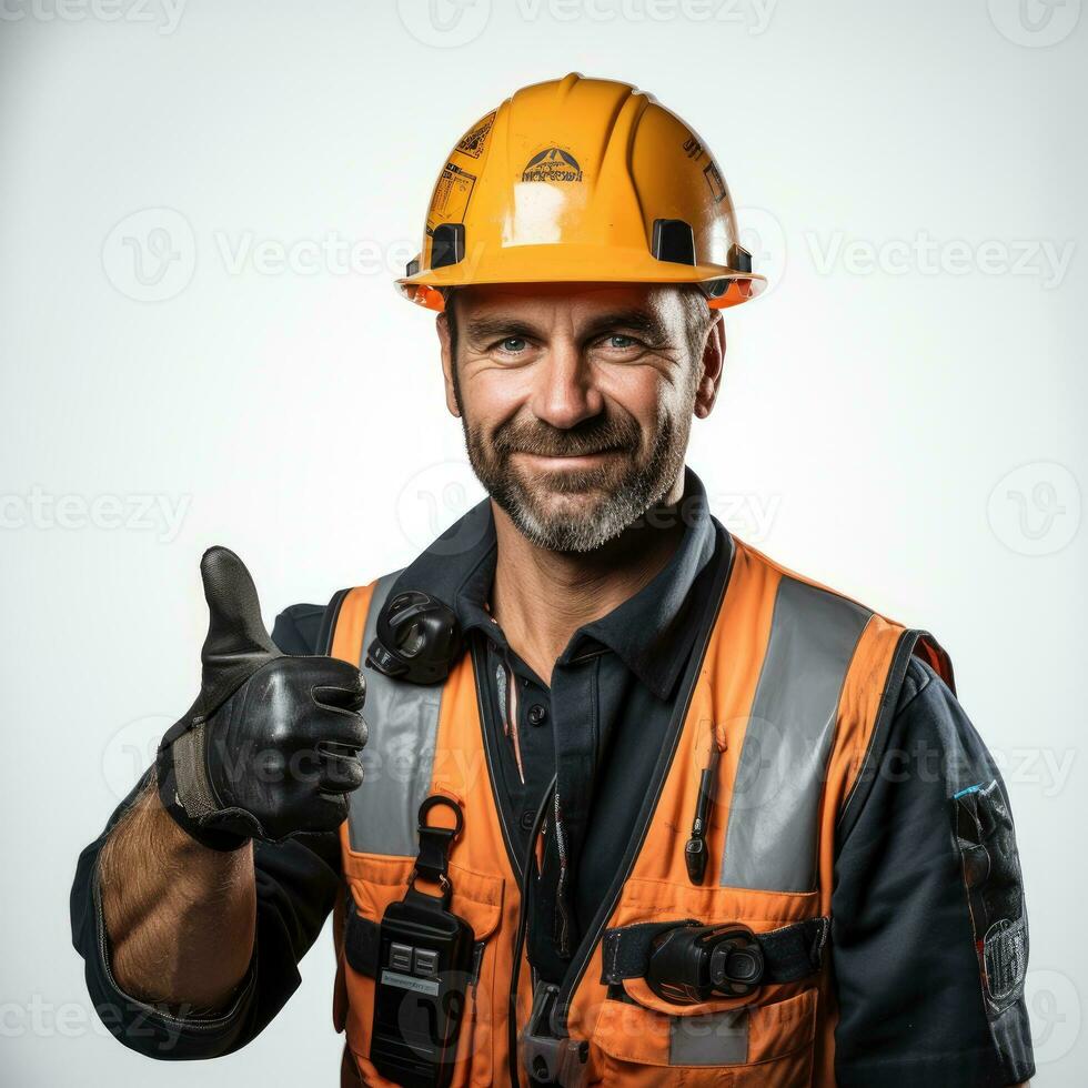 bouw arbeider tonen duim omhoog geïsoleerd Aan wit achtergrond ai gegenereerd foto