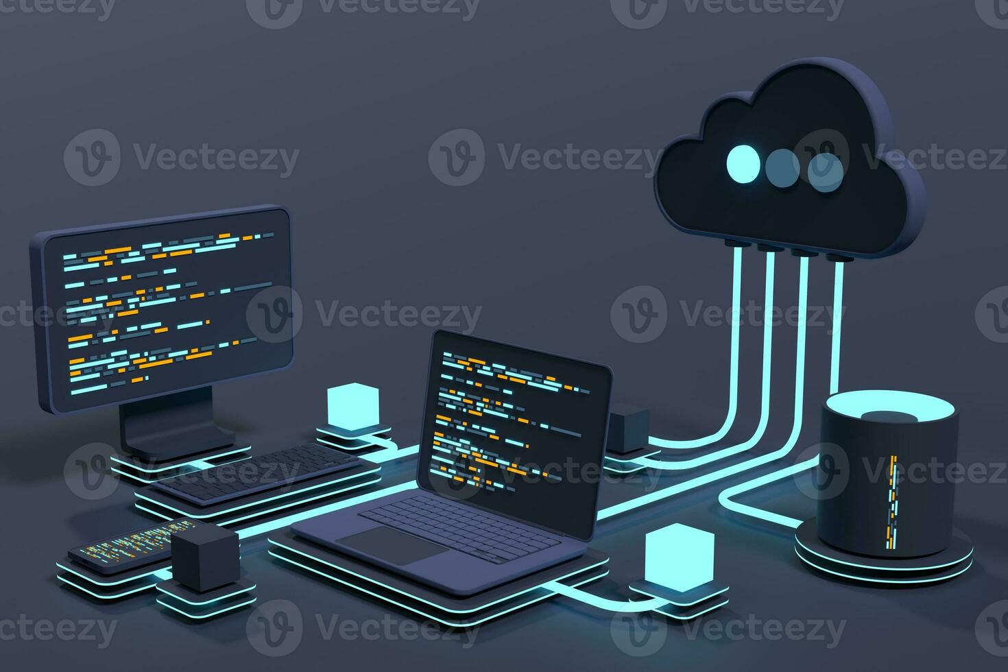 wolk technologie berekenen concept. modern wolk technologie. gegevens centrum isometrische concept. 3d wolk technologie met datacentrum. web hosting concept. 3d renderen foto