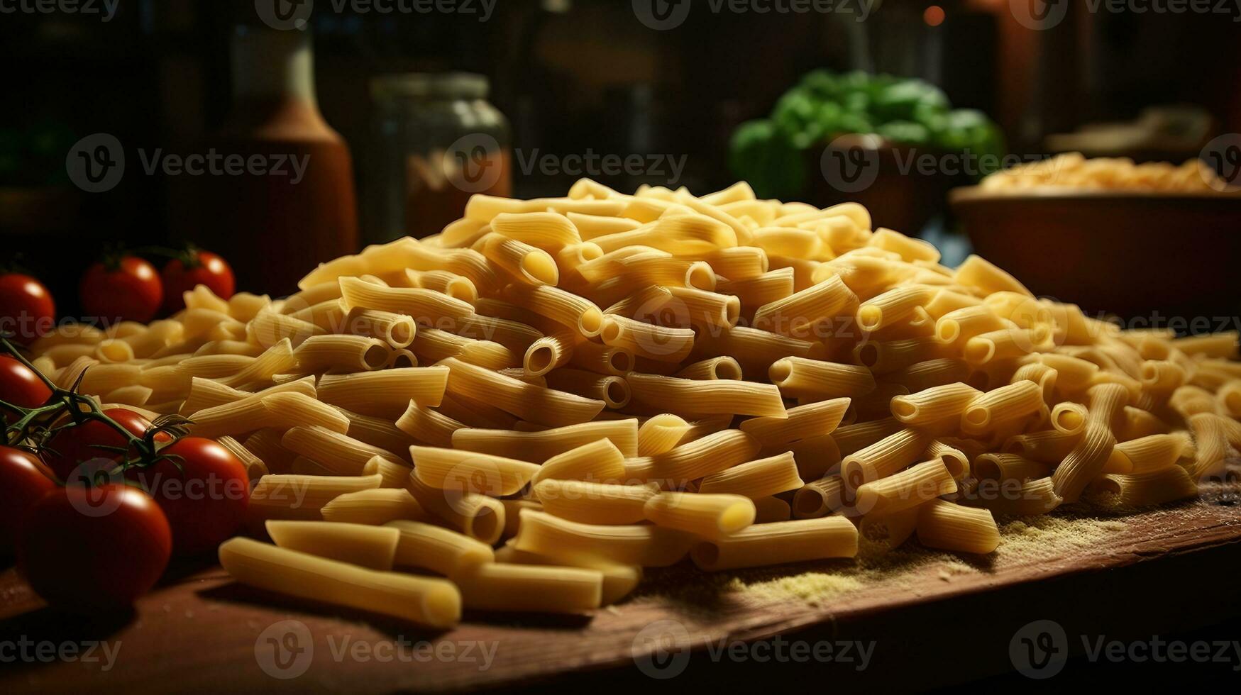 Italiaans pasta Aan houten tafel ai gegenereerd foto