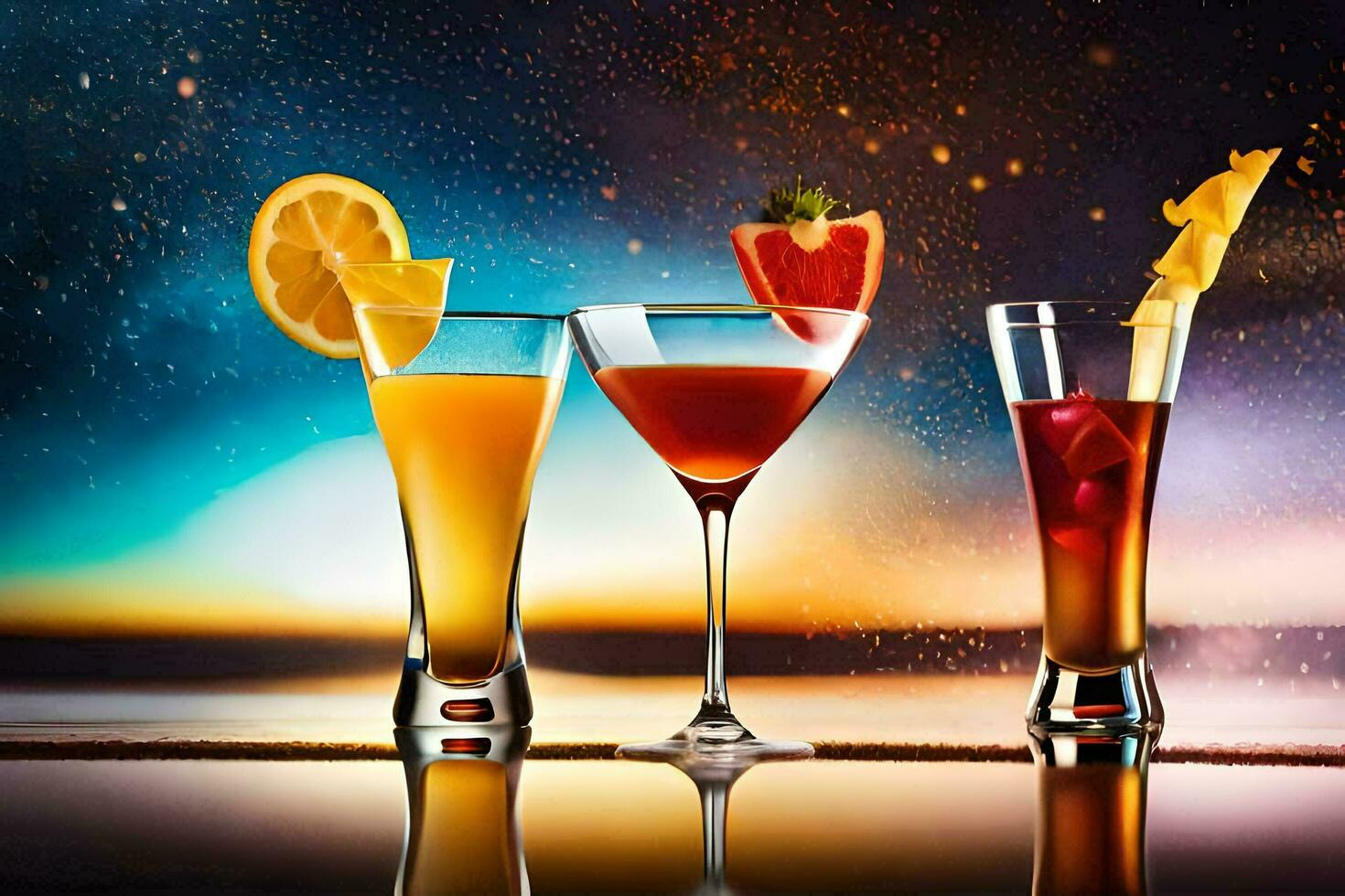 drie verschillend cocktails Aan een tafel met een sterrenhemel lucht in de achtergrond. ai-gegenereerd foto