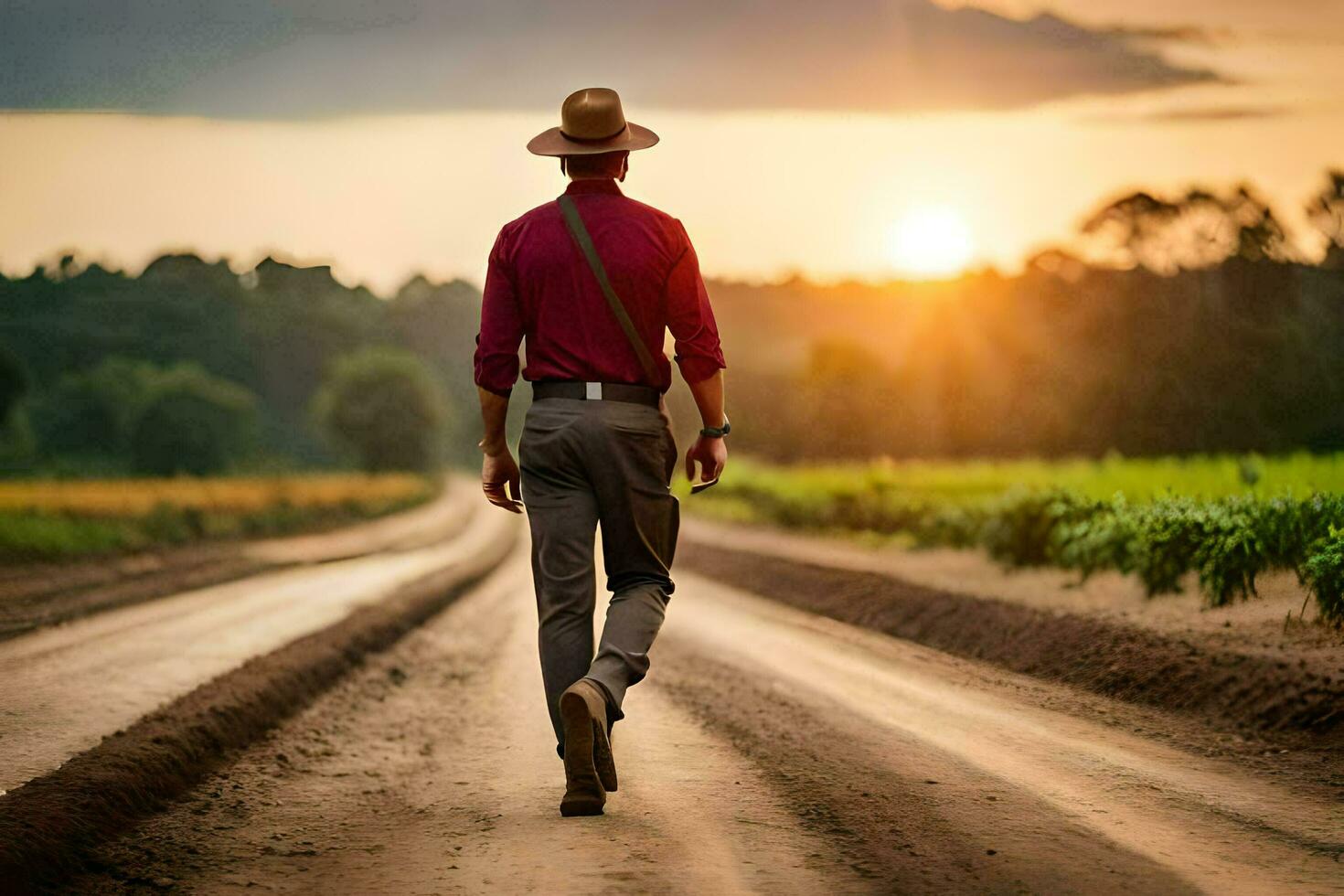 een Mens wandelen naar beneden een aarde weg Bij zonsondergang. ai-gegenereerd foto