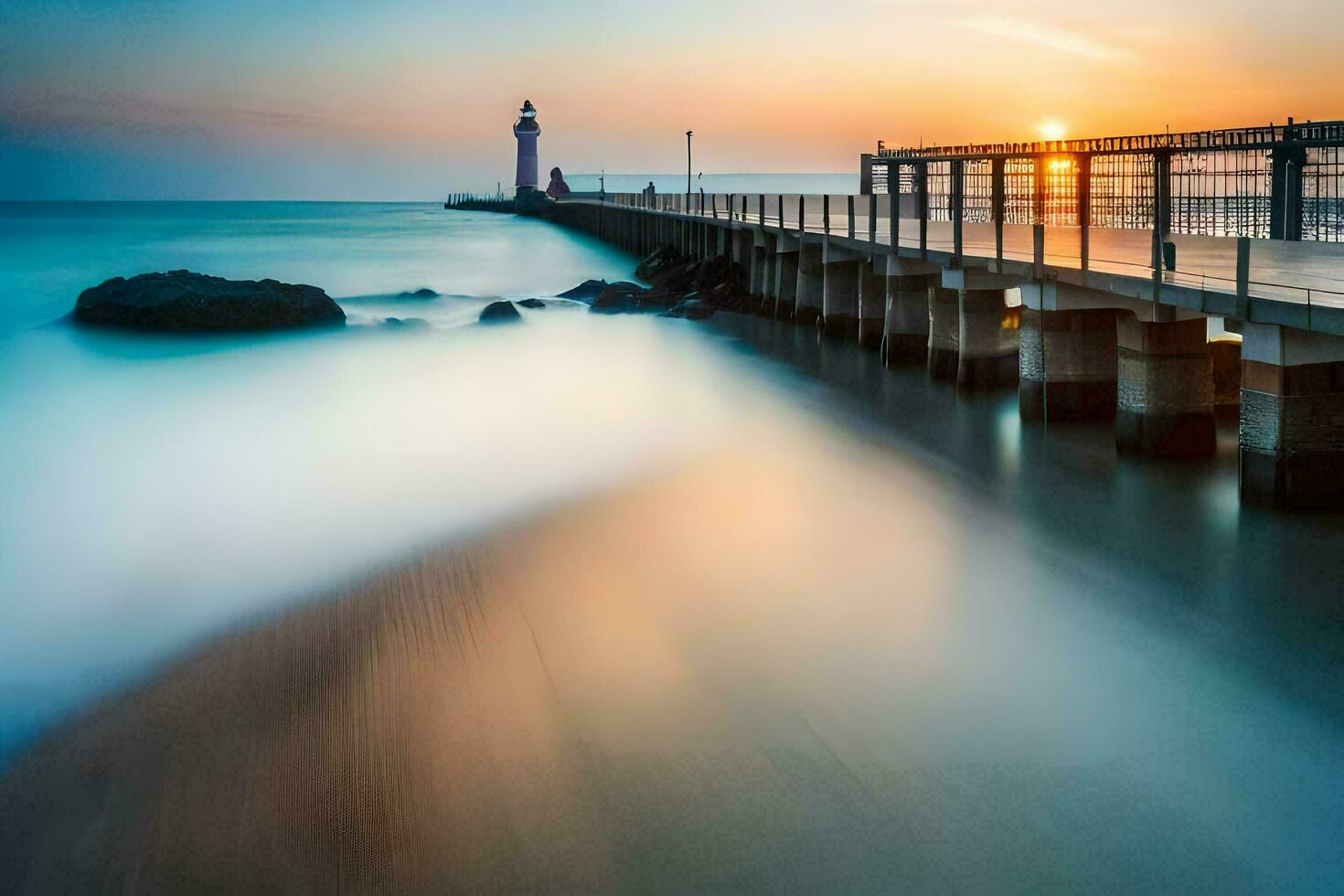 een lang blootstelling fotograaf van een vuurtoren Bij zonsondergang. ai-gegenereerd foto