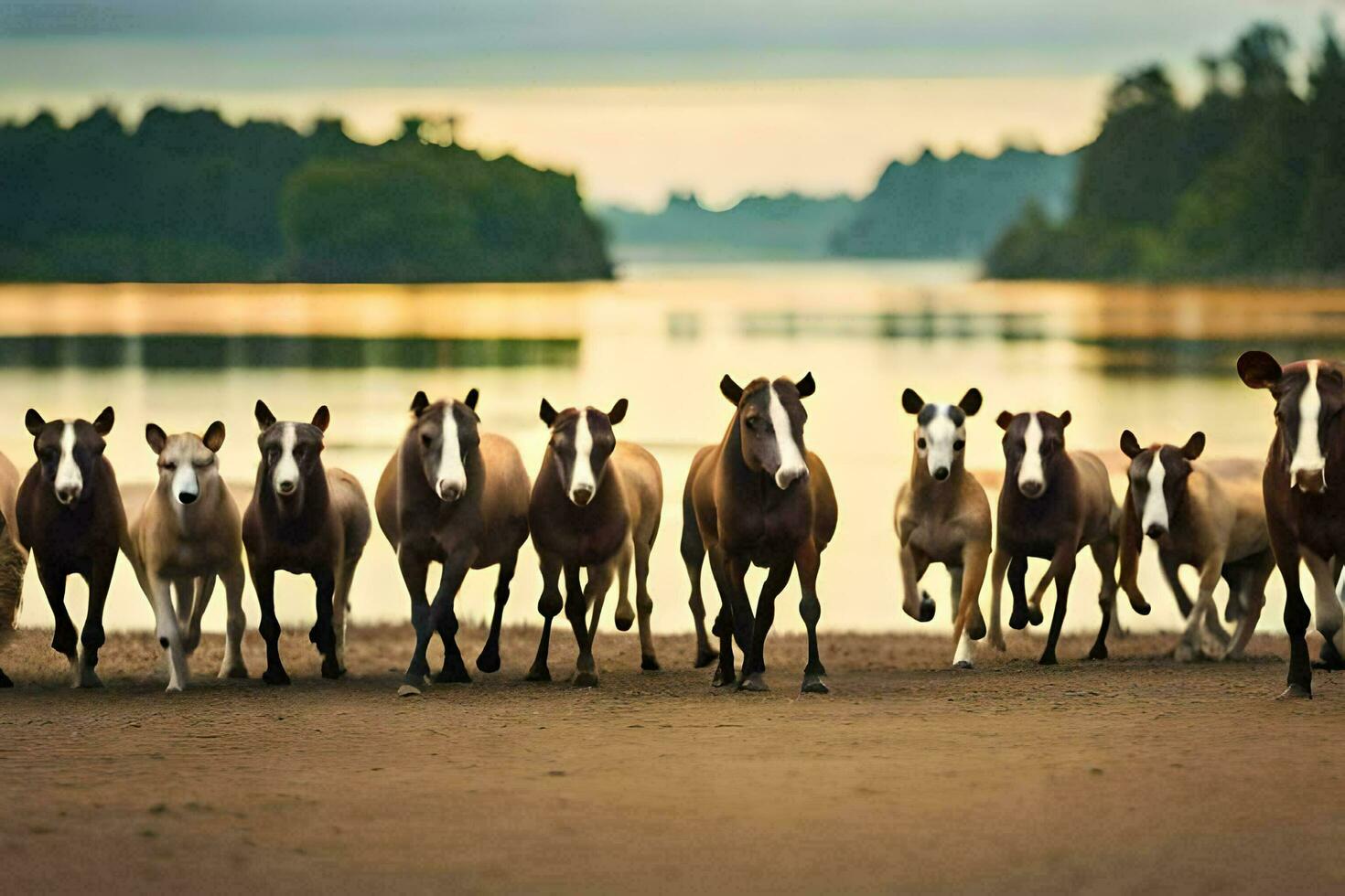 een kudde van paarden rennen langs de kust van een meer. ai-gegenereerd foto