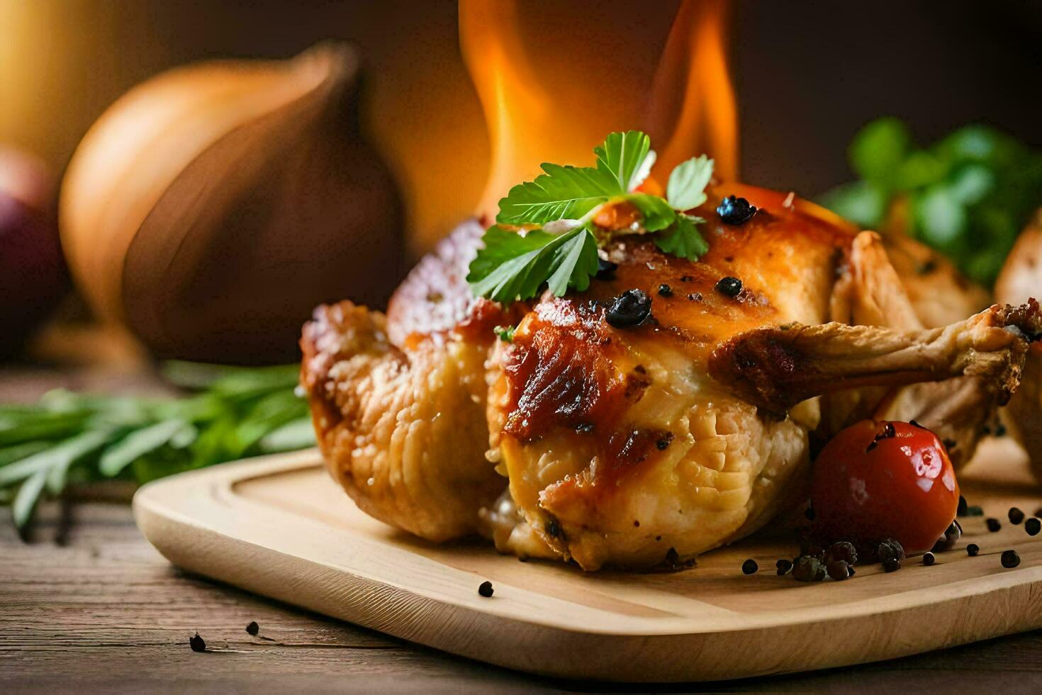 een kip is Aan een houten snijdend bord met kruiden en specerijen. ai-gegenereerd foto