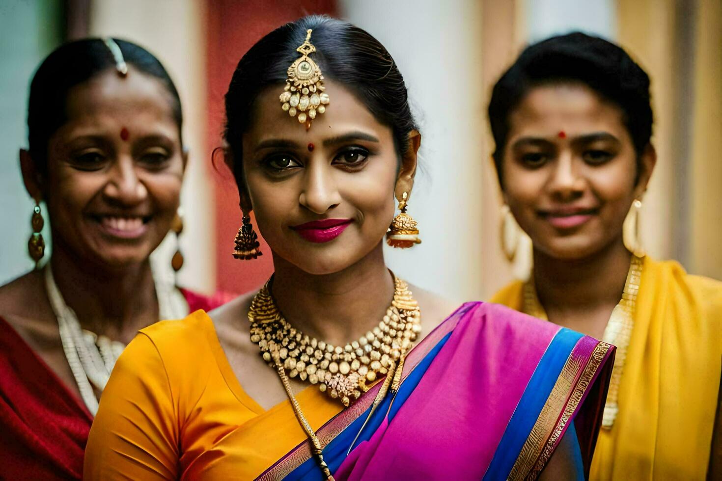 drie Dames in kleurrijk sari's poseren voor de camera. ai-gegenereerd foto