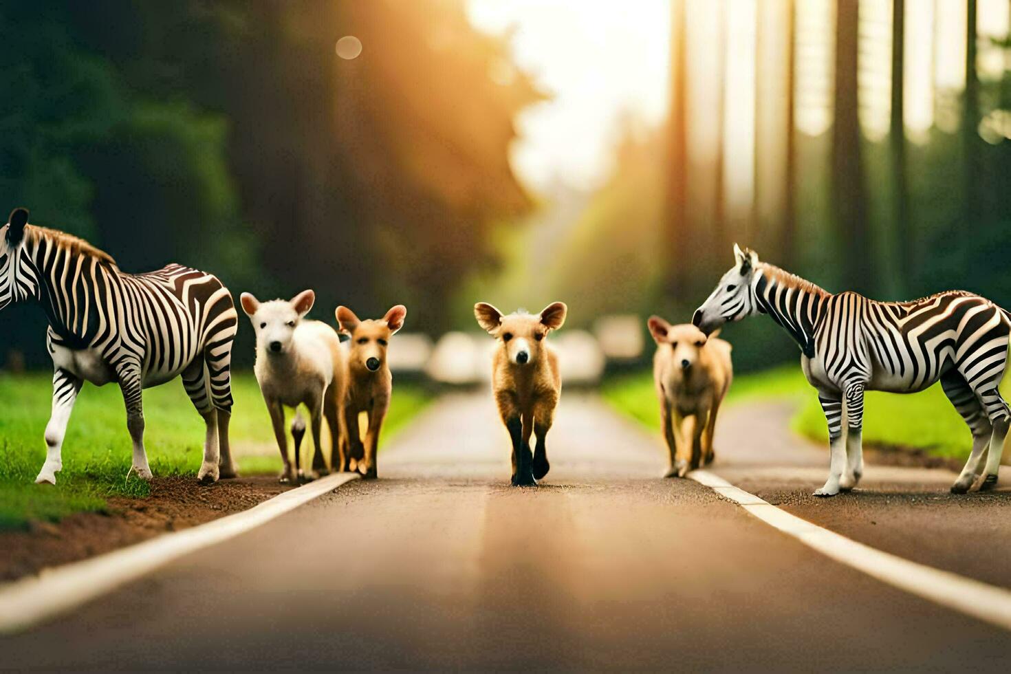 een groep van zebra's en een varken kruispunt een weg. ai-gegenereerd foto