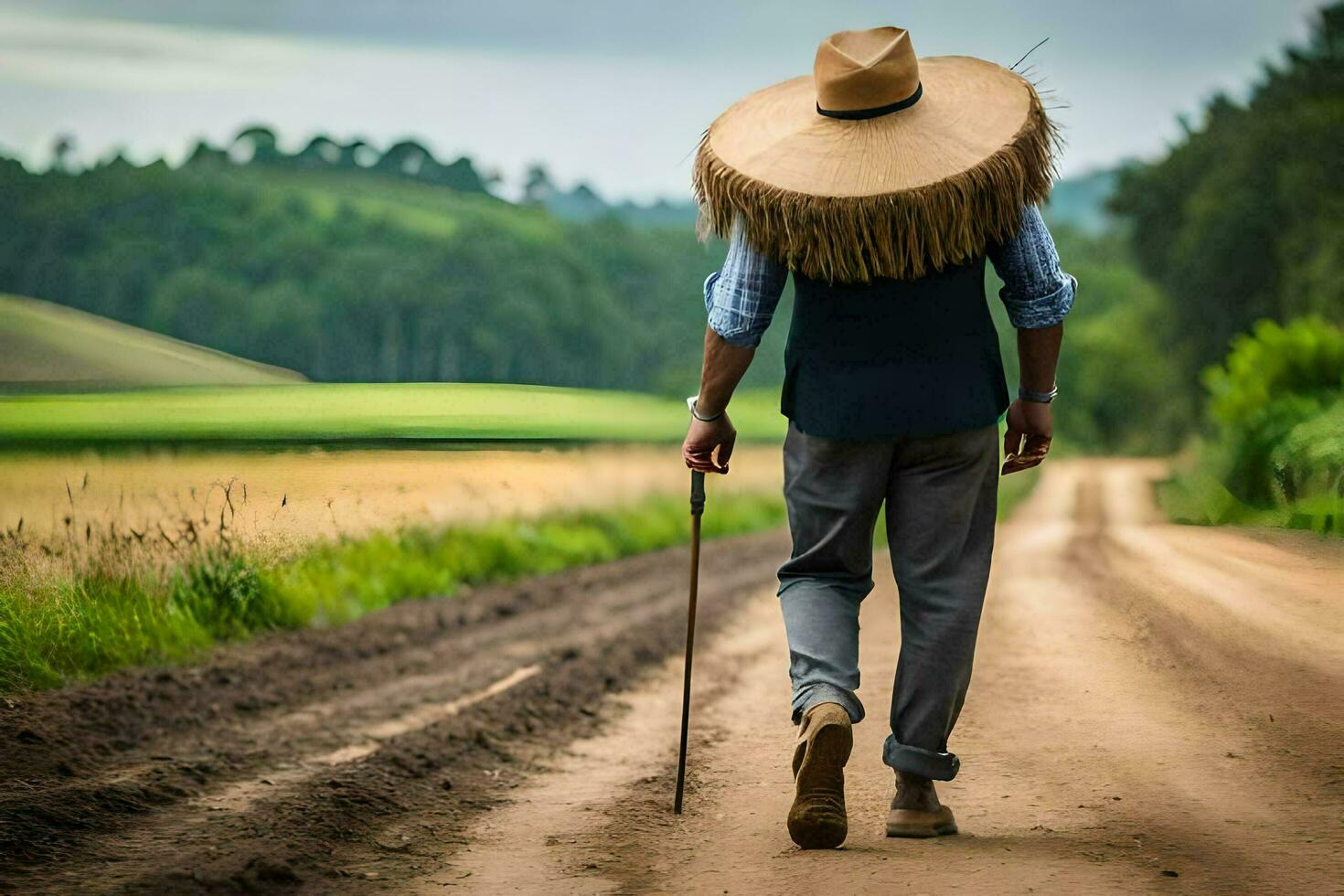 een Mens wandelen naar beneden een aarde weg met een rietje hoed Aan zijn hoofd. ai-gegenereerd foto