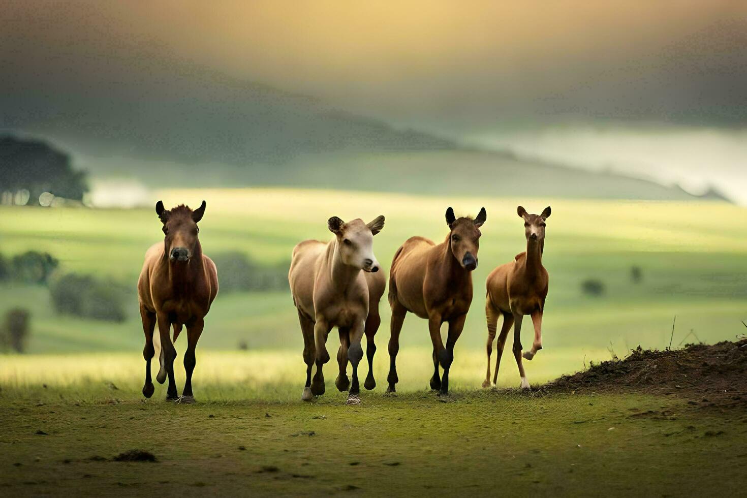 een groep van paarden wandelen in de veld. ai-gegenereerd foto