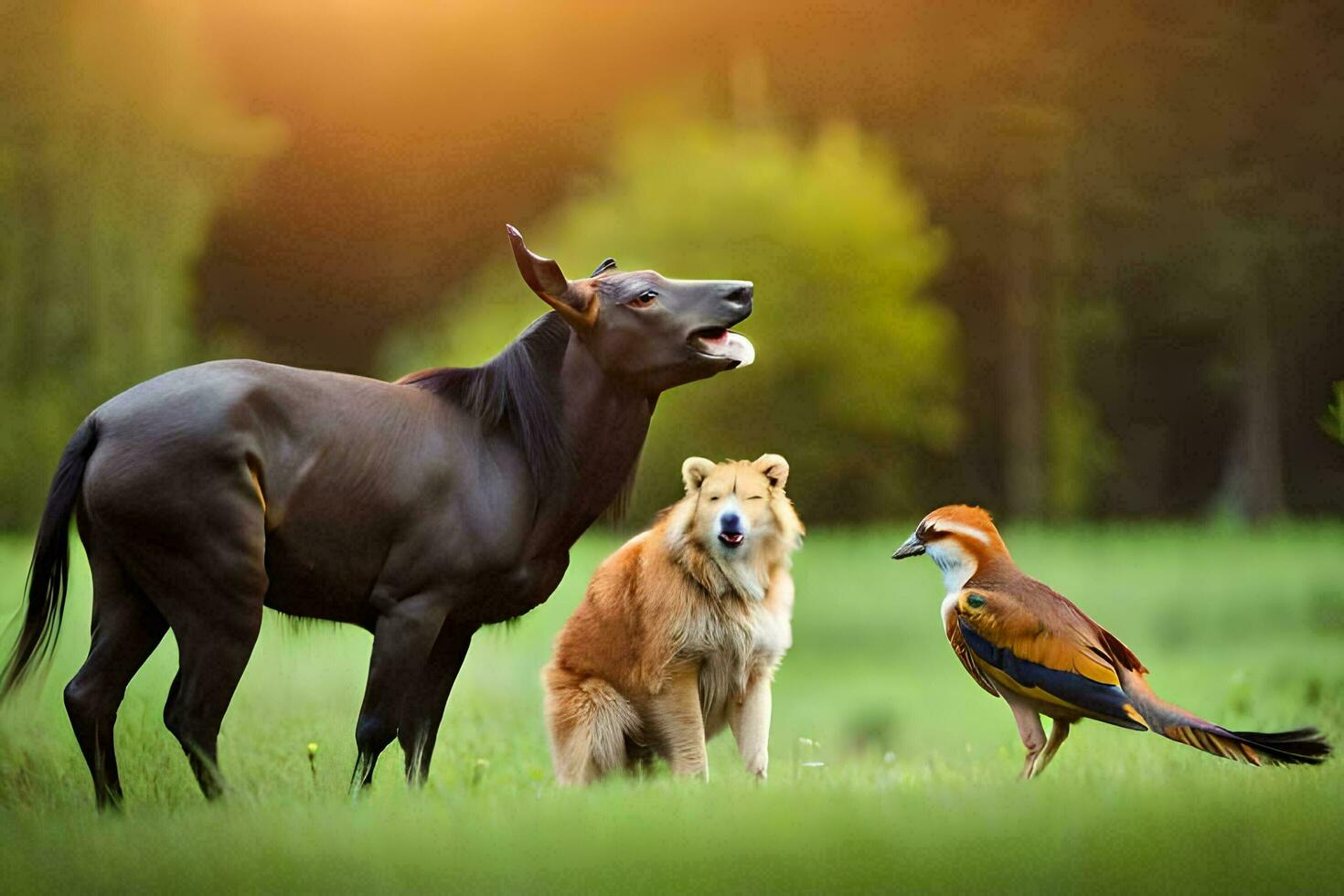 een paard, een hond en een vogel in een veld. ai-gegenereerd foto