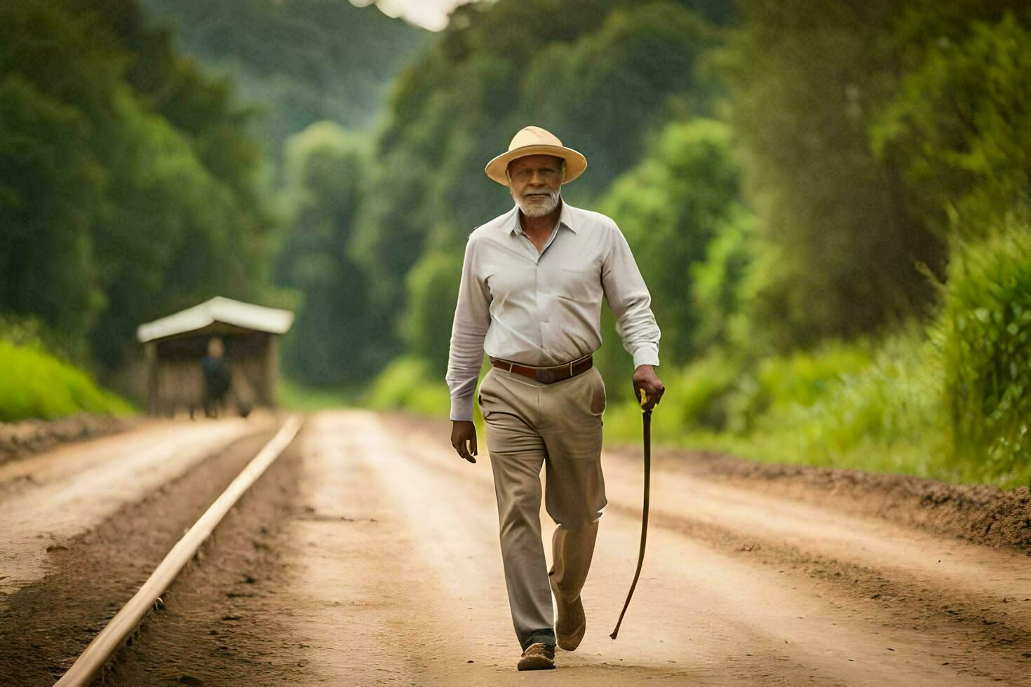 een ouder Mens wandelen naar beneden een aarde weg met een riet. ai-gegenereerd foto