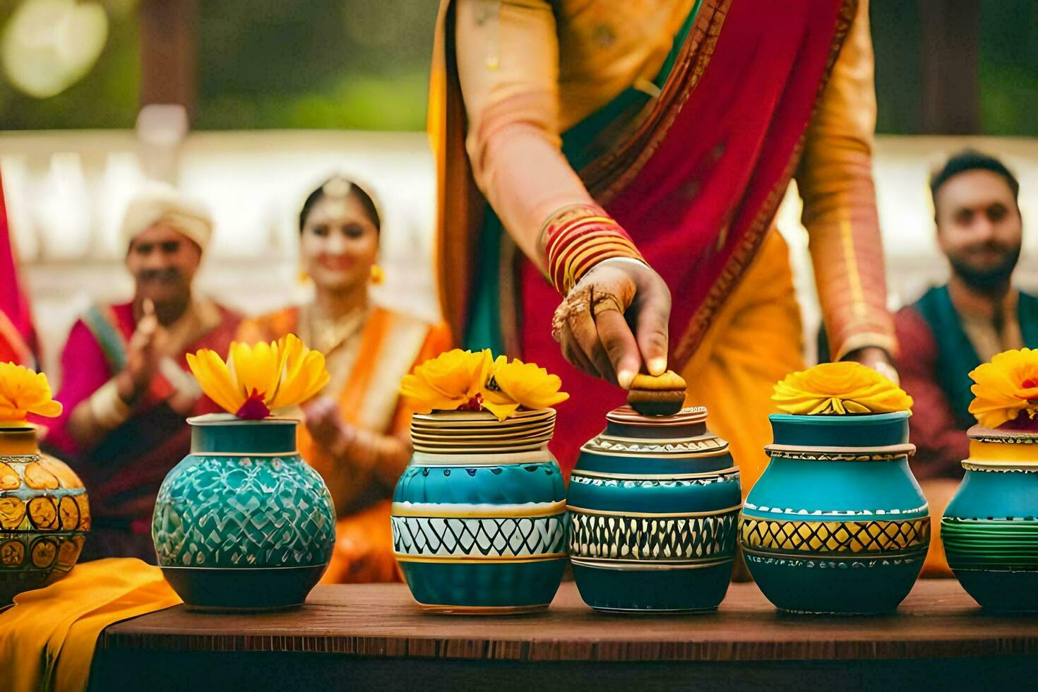 een vrouw in een sari is Holding een pot met bloemen. ai-gegenereerd foto