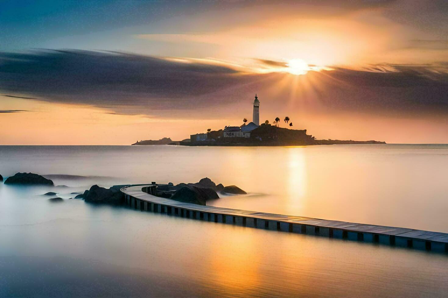 de vuurtoren Bij zonsondergang in de oceaan. ai-gegenereerd foto