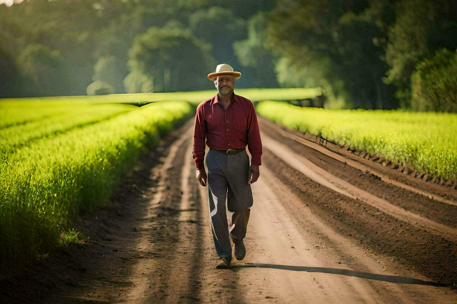 een Mens in een hoed wandelingen naar beneden een aarde weg. ai-gegenereerd foto