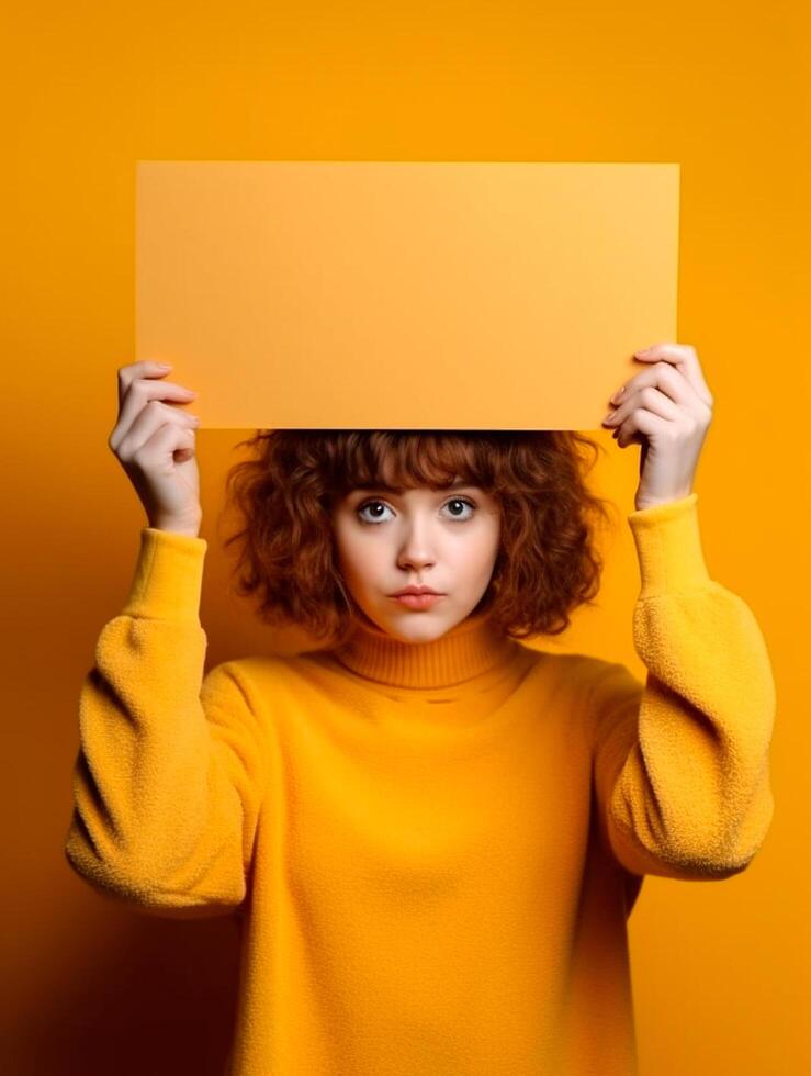 bevallig vrouw handen Holding papier kader ai gegenereerd foto