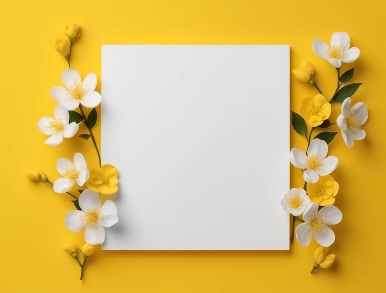 blanco papier met tropisch bladeren en bloemen. vlak leggen, top visie, kopiëren ruimte ai gegenereerd foto