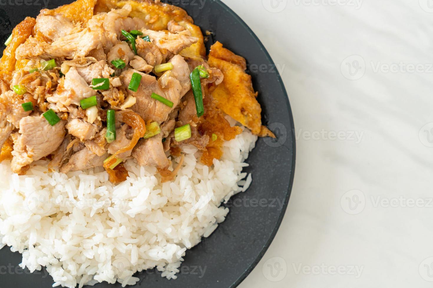 roergebakken varkensvlees met knoflook en ei gegarneerd op rijst - Aziatische stijl food foto