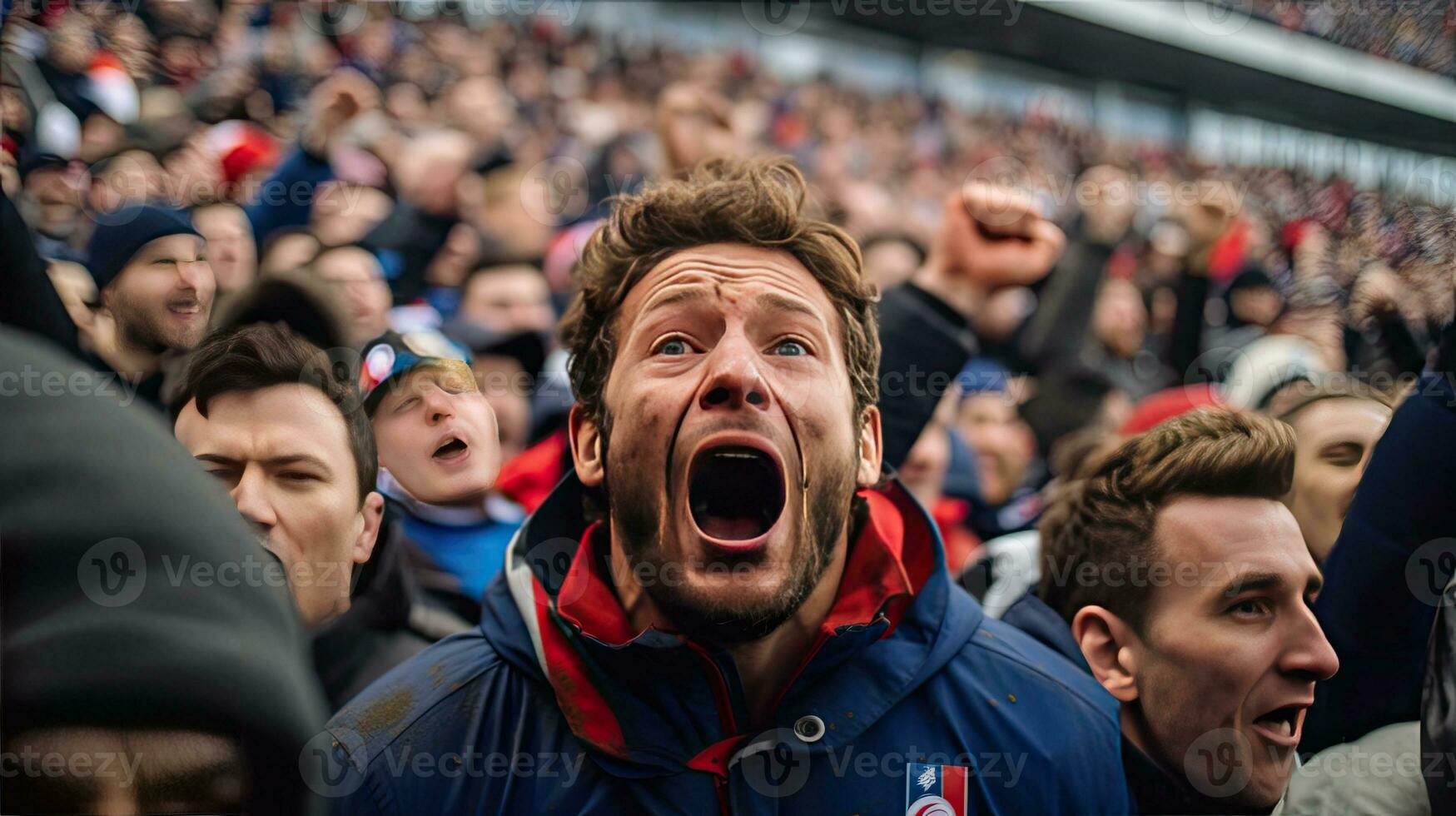 Frans fan, emoties overweldigen. supporters juichen in tribune. generatief ai foto