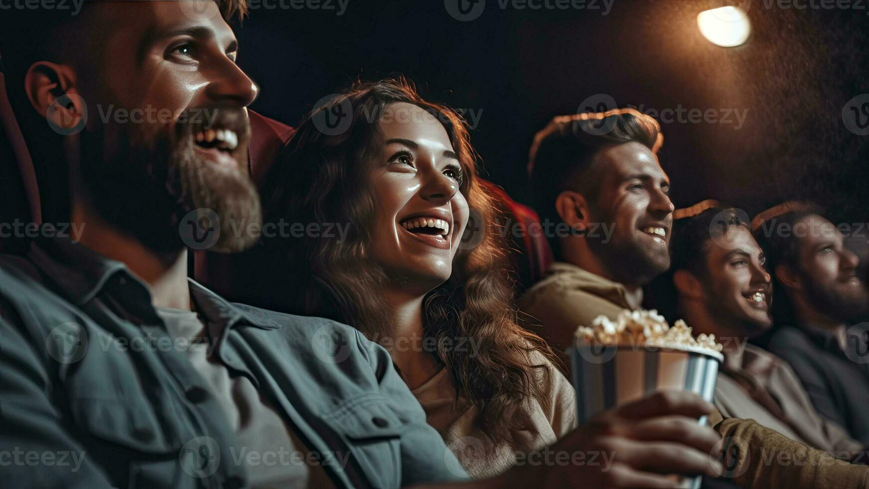 groep van vrolijk mensen lachend terwijl aan het kijken film in bioscoop. concept van recreatie en amusement. generatief ai foto
