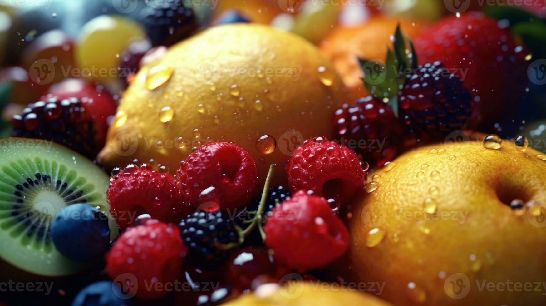 kiwi, framboos, braam en oranje. achtergrond van fruit en bessen met spatten van water. foto