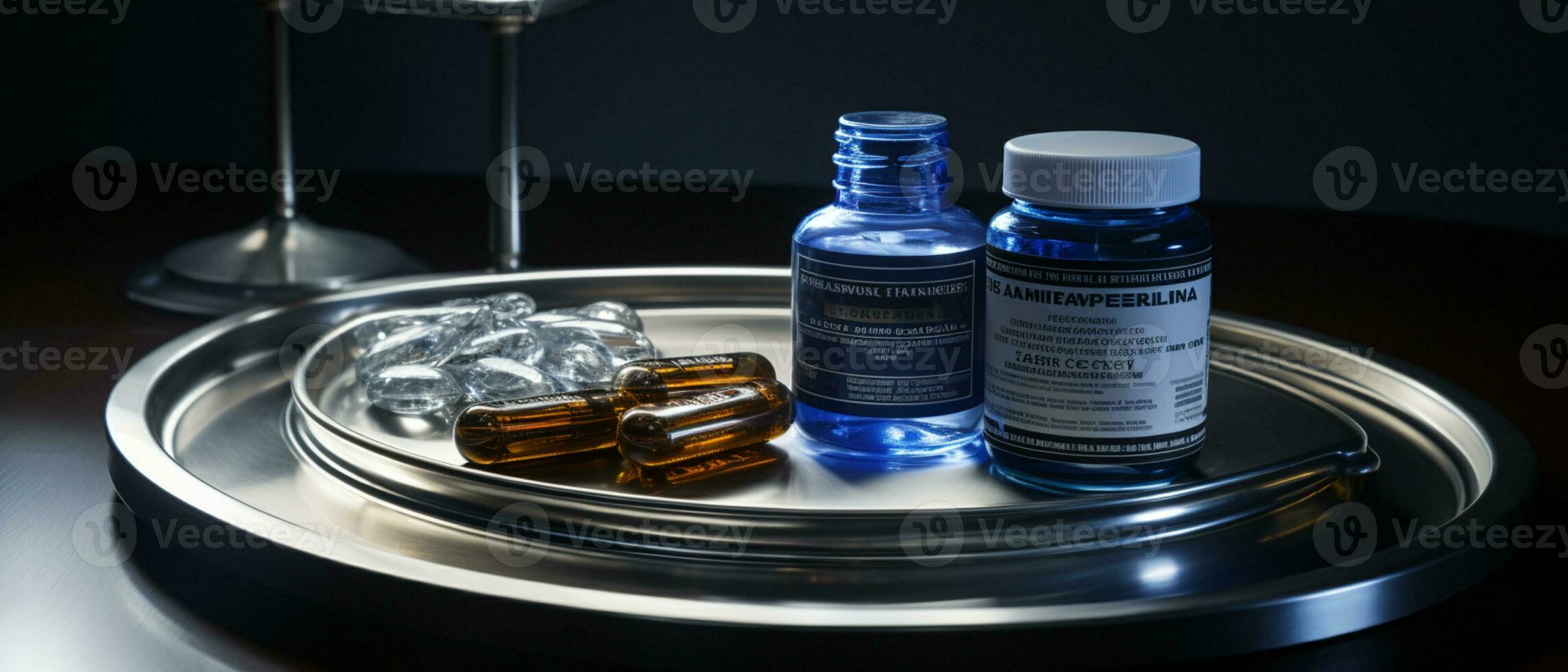 de farmaceutisch medicijn-medicijn pillen capsules in zilver dienblad. gebruikt voor verlichtend ziekte, voedsel supplement, top visie, ai generatief foto