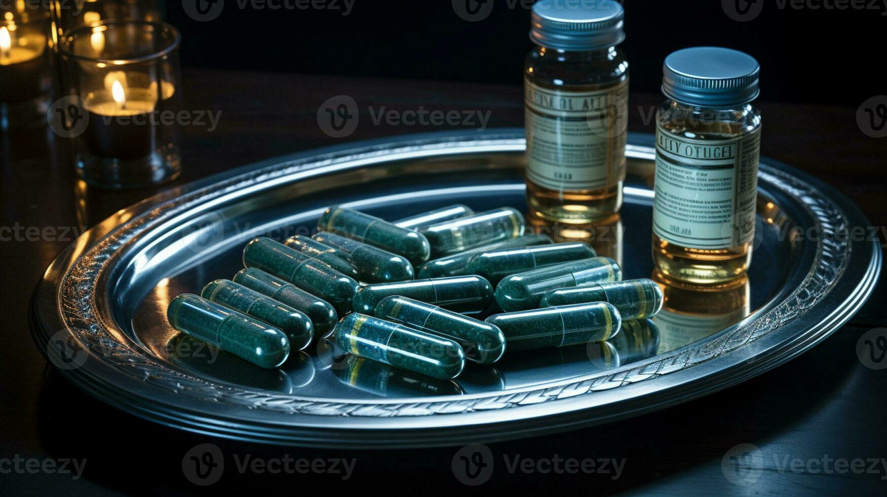 de farmaceutisch medicijn-medicijn pillen capsules in zilver dienblad. gebruikt voor verlichtend ziekte, voedsel supplement, top visie foto