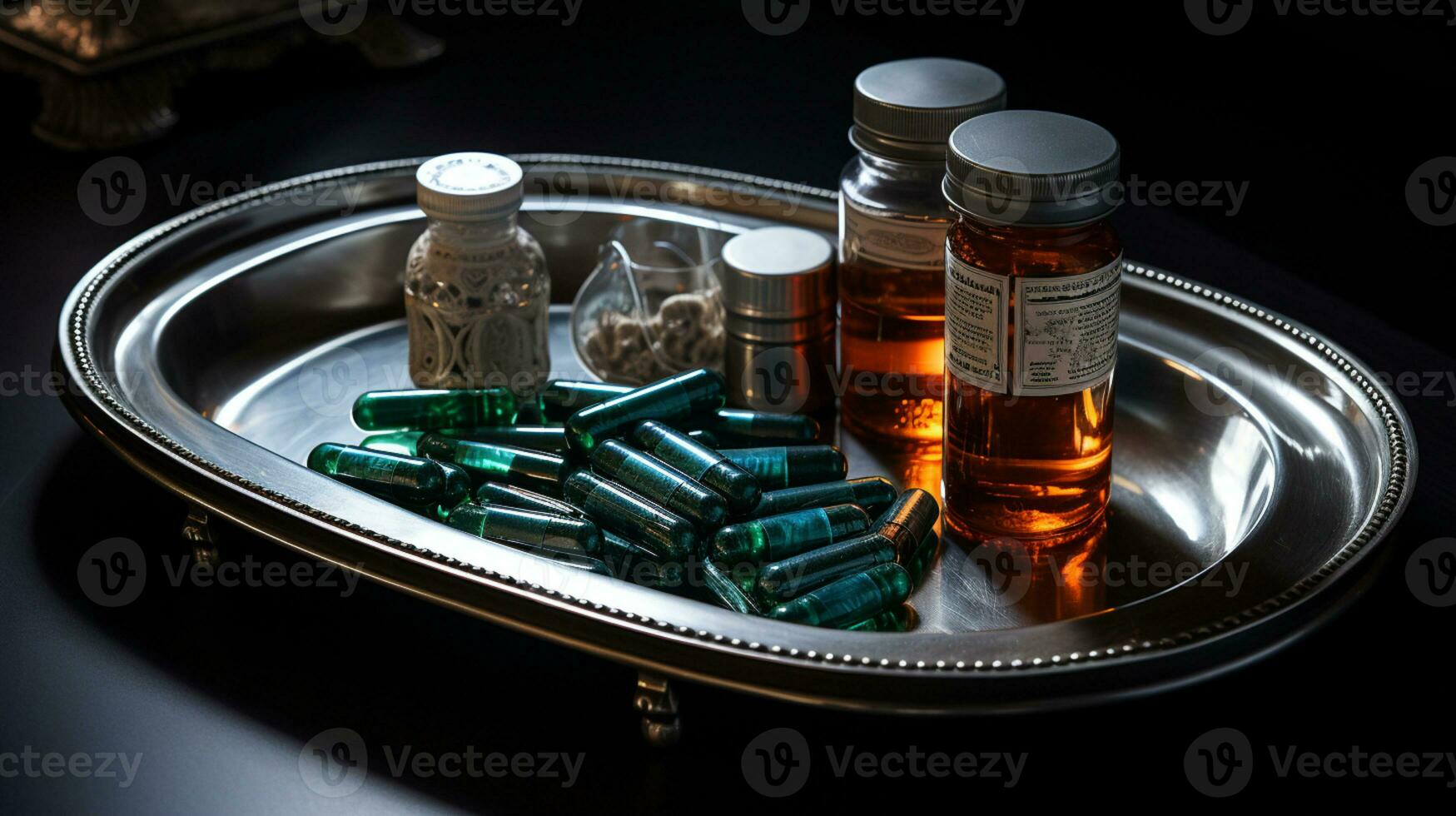 de farmaceutisch medicijn-medicijn pillen capsules in zilver dienblad. gebruikt voor verlichtend ziekte, voedsel supplement, top visie, ai generatief foto