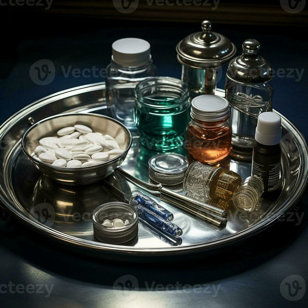 de farmaceutisch medicijn-medicijn pillen capsules in zilver dienblad. gebruikt voor verlichtend ziekte, voedsel supplement, top visie, ai generatief foto