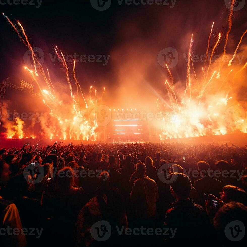 concert menigte brult met opwinding net zo stadium barsten met vuurwerk, ai generatief foto