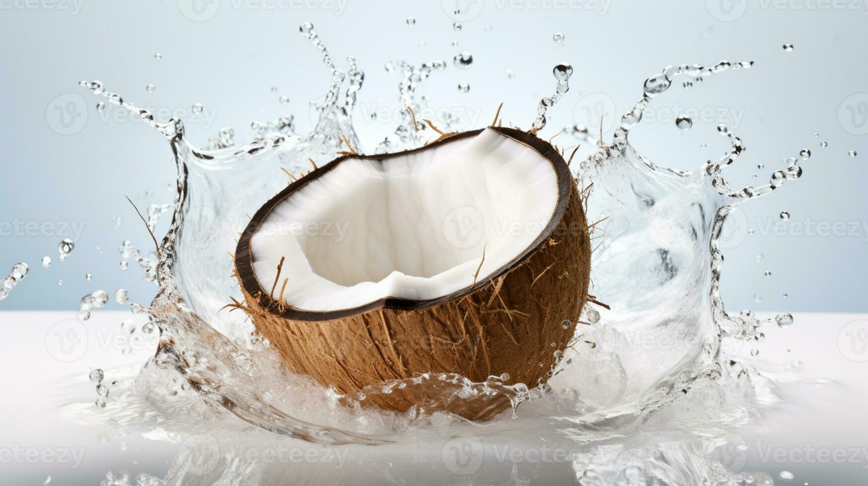 helften van een kokosnoot met water plons geïsoleerd Aan achtergrond, gezond tropisch voedsel., ai generatief foto