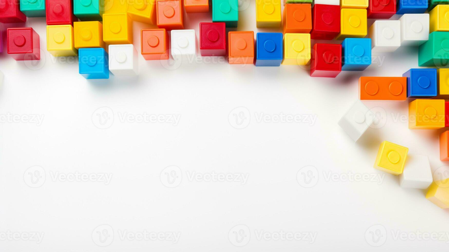 kleurrijk plastic bakstenen voor kind, peuter, onderwijs en aan het leren, speelgoed- winkel, vlak leggen, kopiëren ruimte Aan wit achtergrond, ai generatief foto