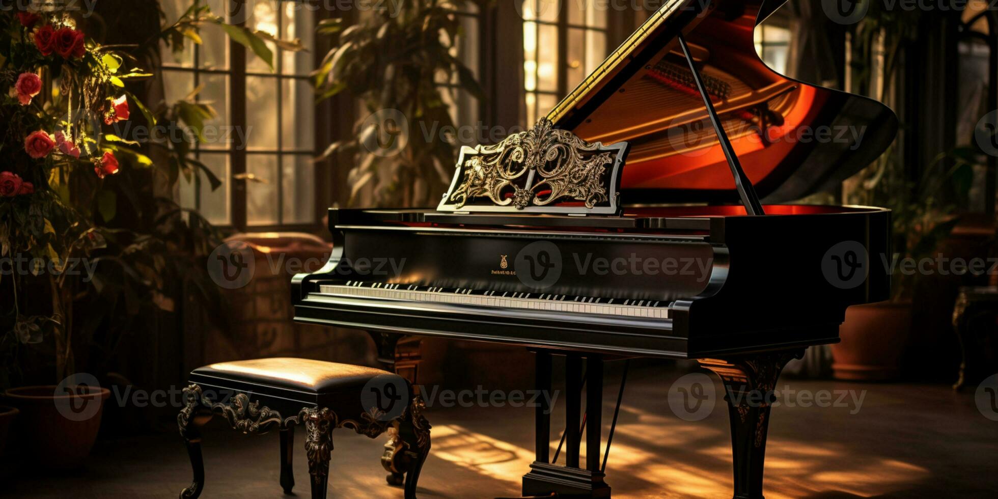 dichtbij omhoog van een elegant groots piano met warm zonlicht, luxe, romantisch landschap, muziek- instrument, ai generatief foto