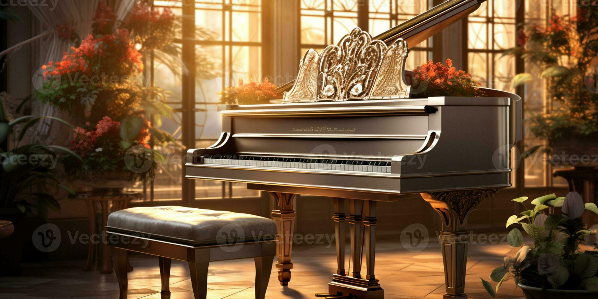 dichtbij omhoog van een elegant groots piano met warm zonlicht, luxe, romantisch landschap, muziek- instrument, ai generatief foto