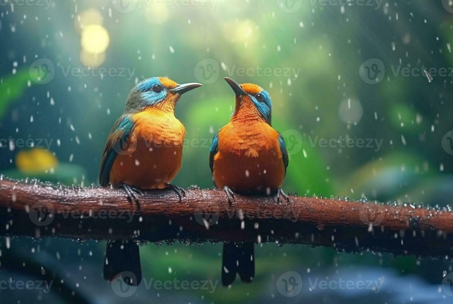 een paar- van mooi vogelstand in de Woud met regendruppels en natuur wazig achtergrond. generatief ai foto