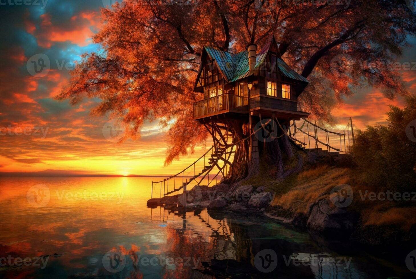 visie van boom huis Aan meer met zonsondergang schoonheid. generatief ai foto