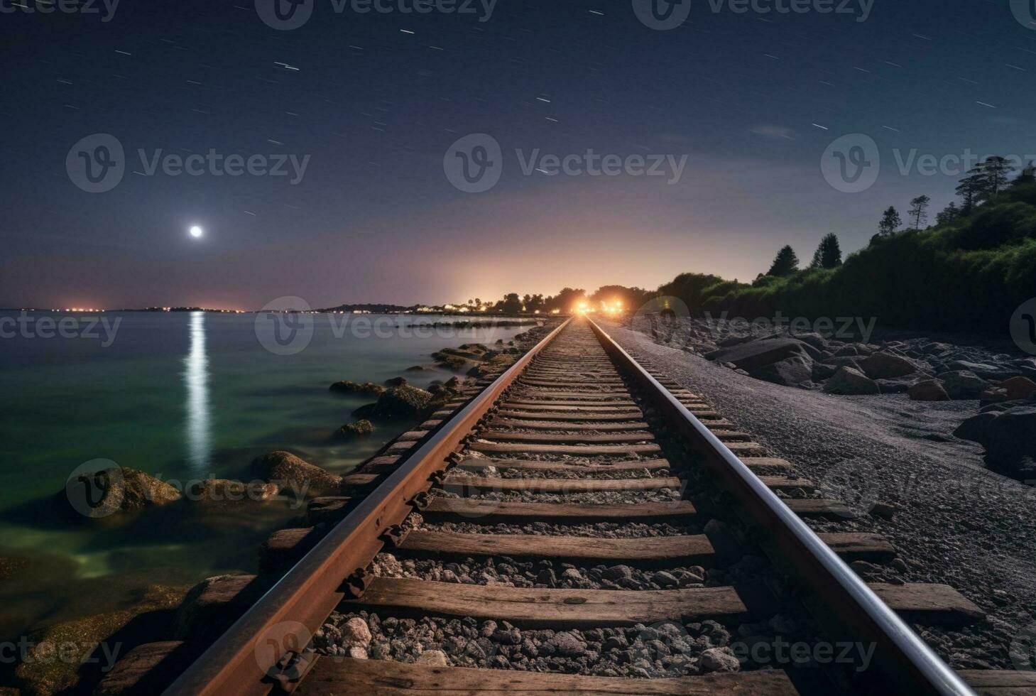 visie van spoorweg sporen met strand. generatief ai foto