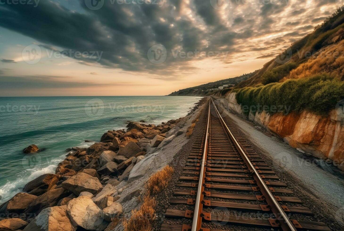 visie van spoorweg sporen met strand. generatief ai foto