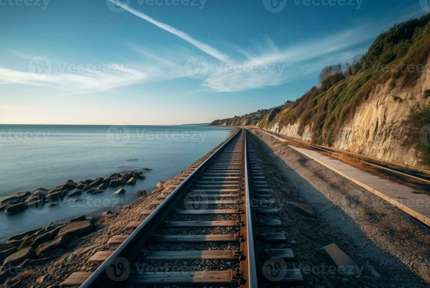 visie van spoorweg sporen met strand. generatief ai foto