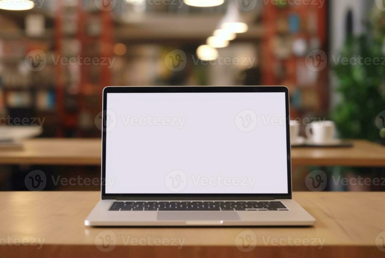 laptop met blanco scherm Aan tafel met koffie winkel wazig achtergrond. generatief ai foto