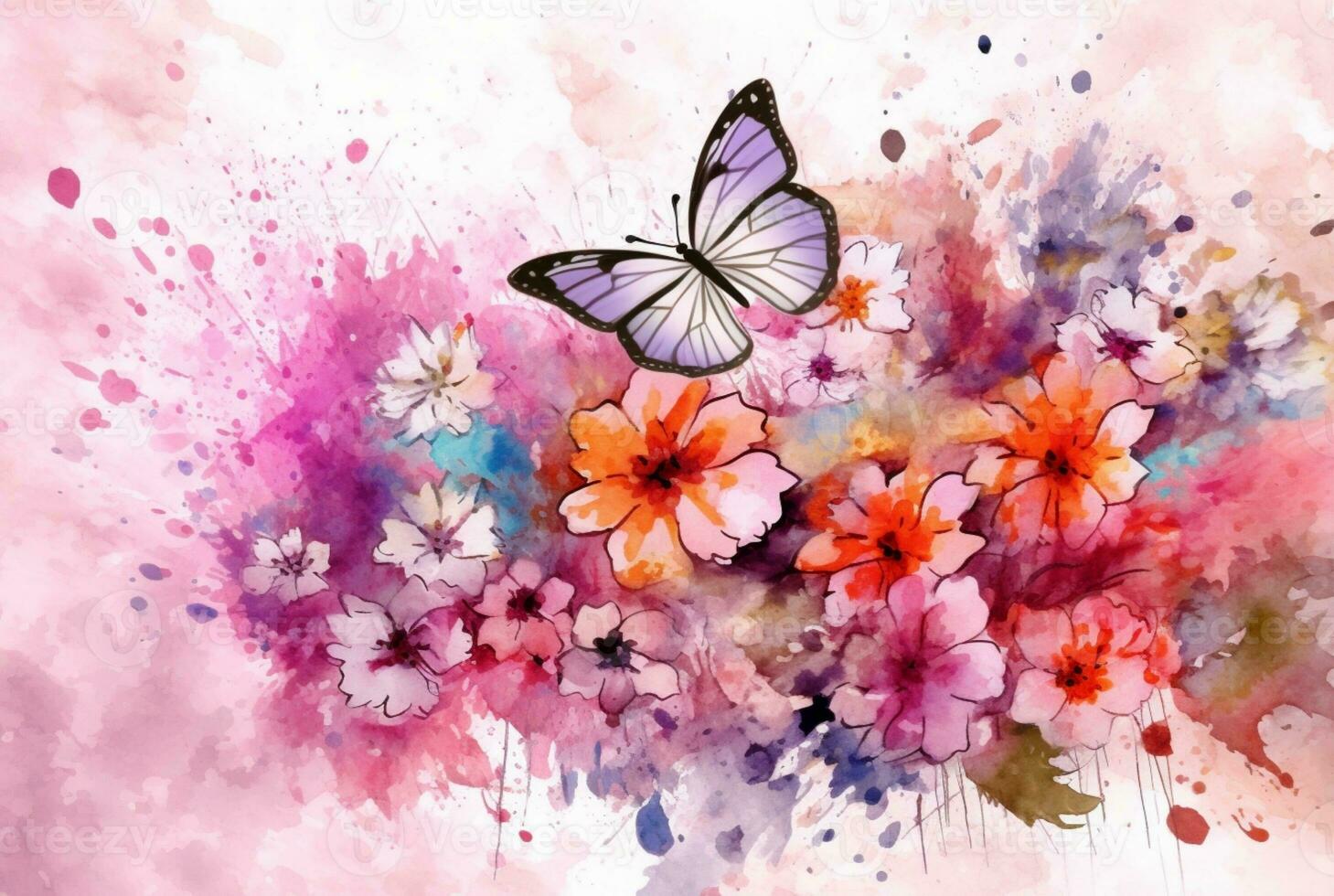 mooi vlinder met bloemen, aquarel tekening. generatief ai foto