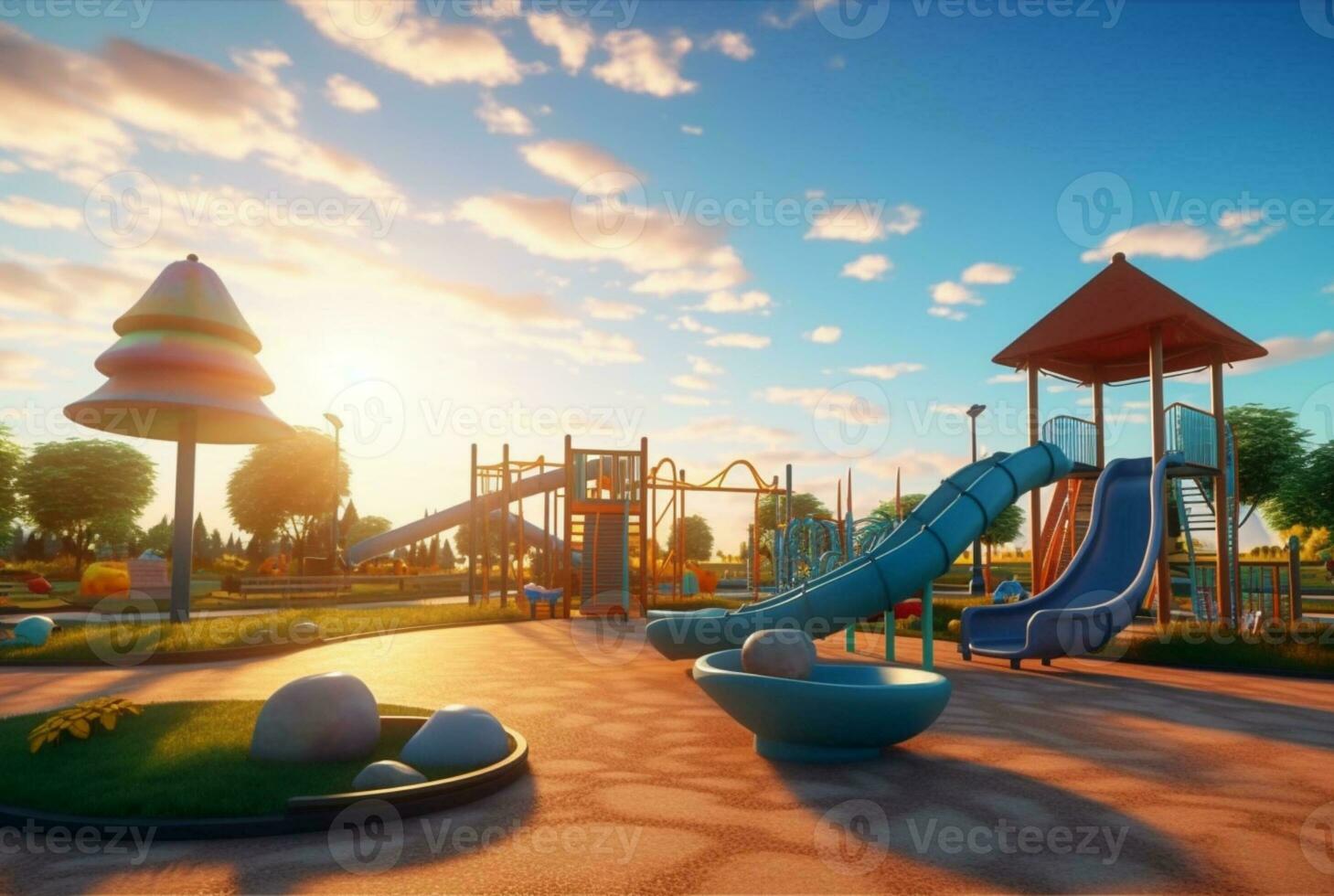 kinderen recreatie park met mooi zonsopkomst in de ochtend. generatief ai foto