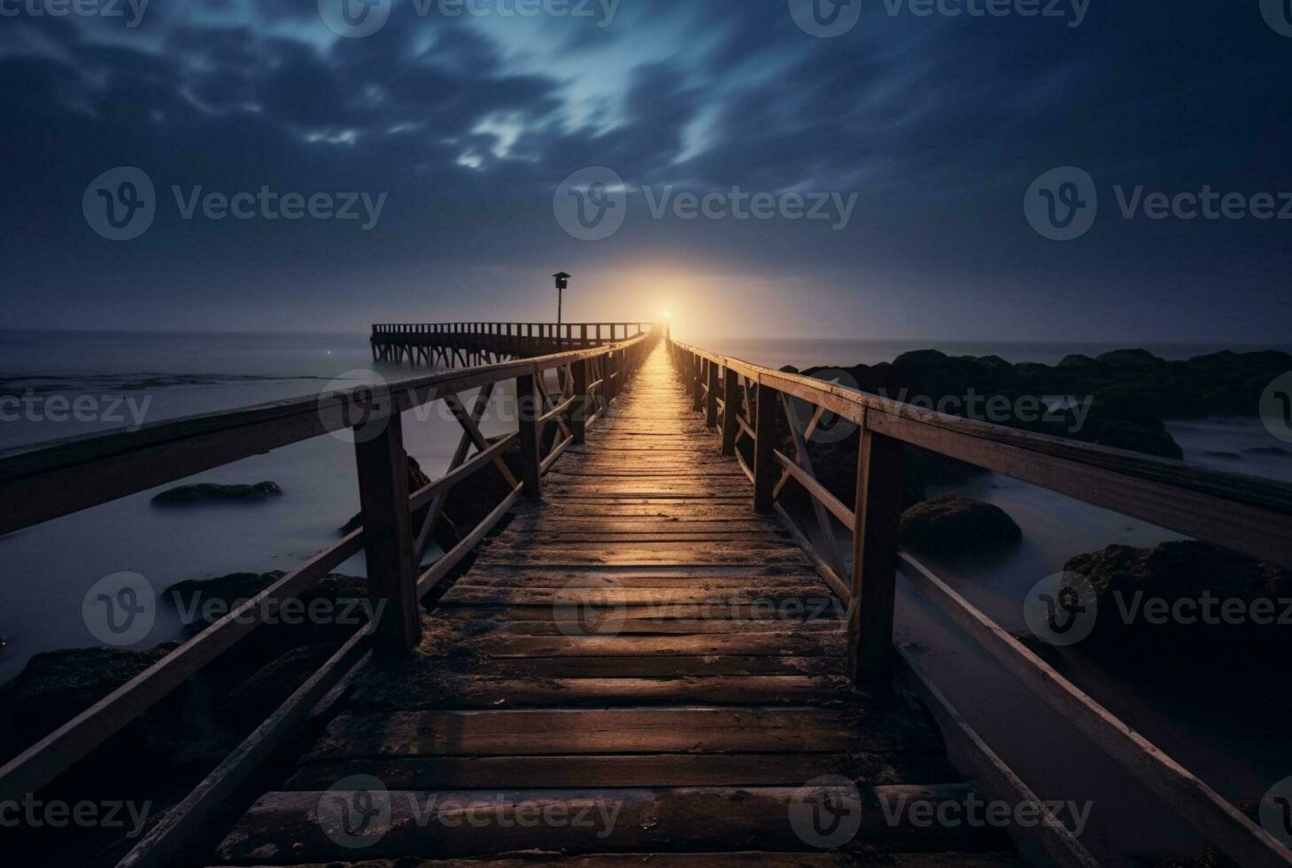 houten brug met de schoonheid van de strand, lang blootstelling. generatief ai foto