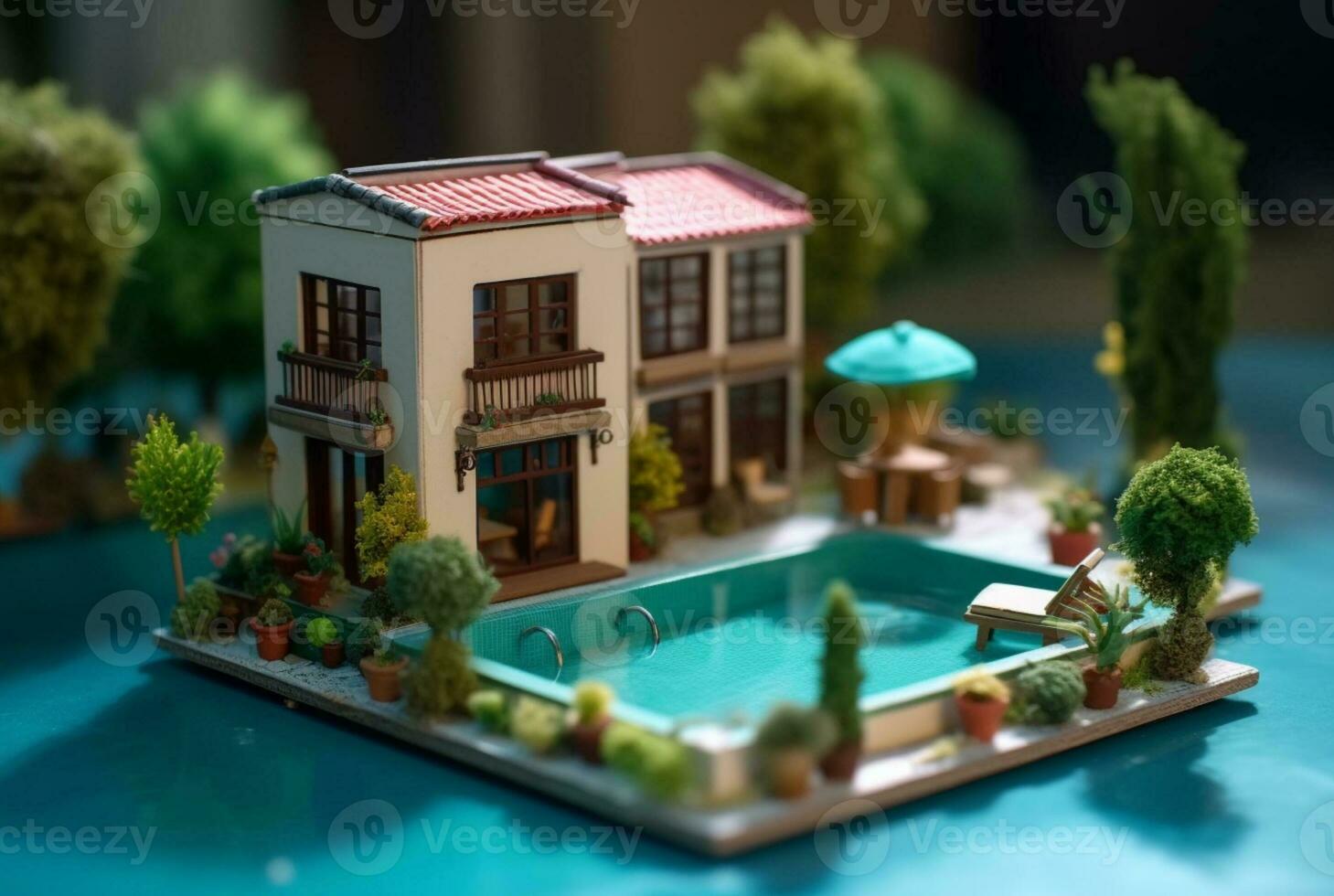 miniatuur luxe huis met zwemmen zwembad. generatief ai foto