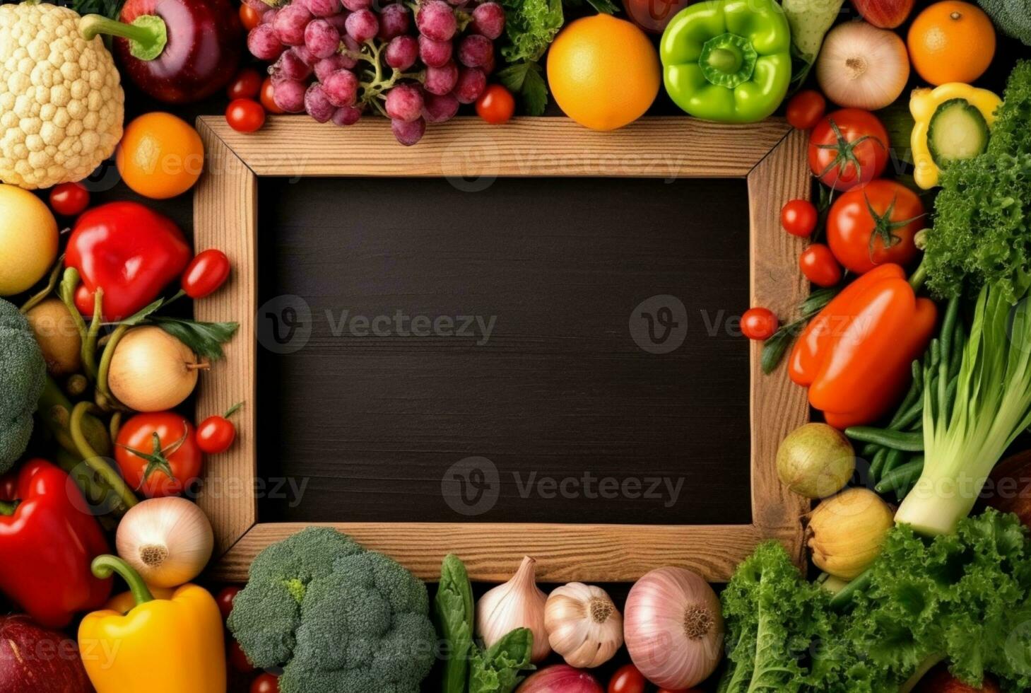 top visie van leeg kader temidden van vers groenten en vruchten. generatief ai foto