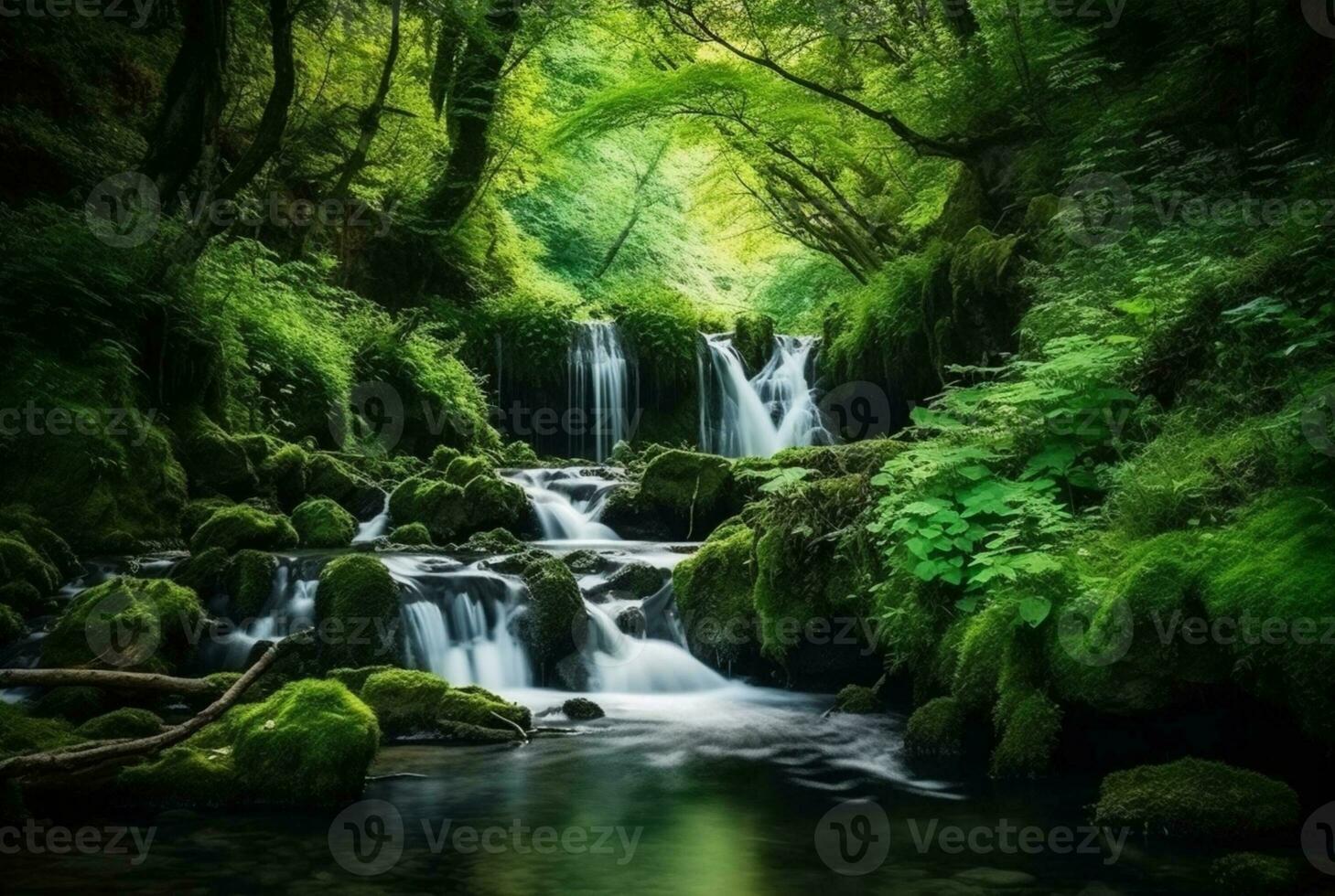 mooi waterval in de groen Woud. generatief ai foto